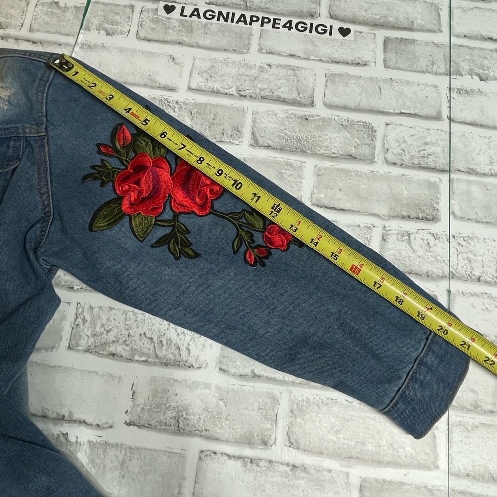 Thrill Jean Jacket with custom Red Floral & snake patches. Size XL. Distressed - Picture 11 of 15